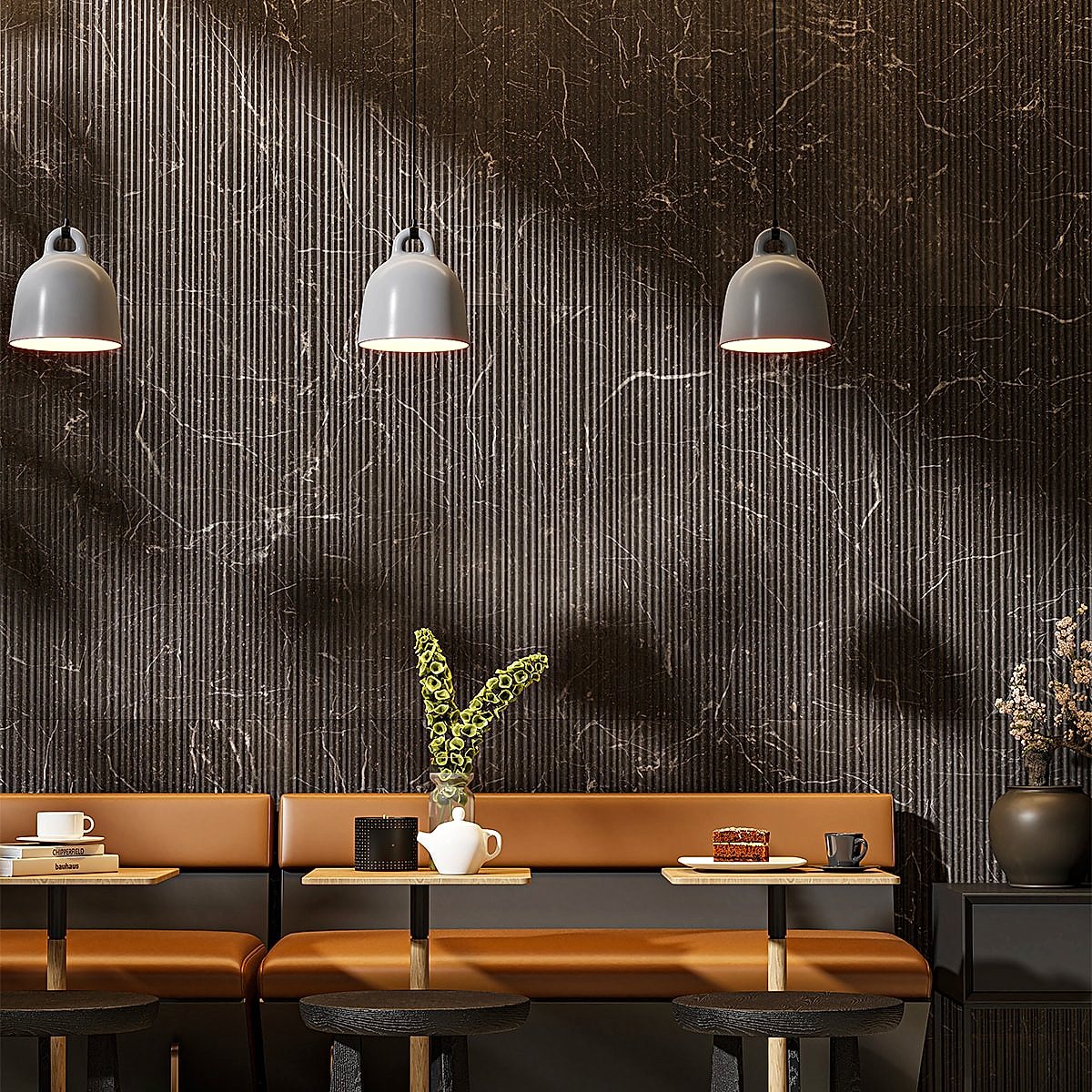 Iris Black Honed Thin Fluted Marble Tile