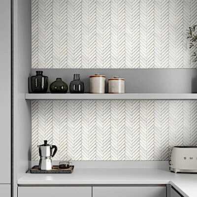 White Pearl Honed Herringbone 5/8×3 Marble Mosaic 10 7/16×12 13/16 (MS02581)